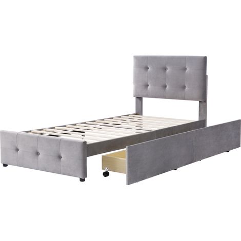 Cama tapizada 90 x 200 cm gris con somier de láminas, cabecero ajustable y 2 cajones HOMVRA (1/5)