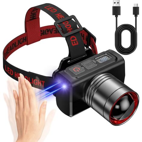Lampe Frontale Intelligente avec Affichage Numérique de la Batterie, Contrôle par Gestes, LED Rechargeable, Fonction Zoom, Lampe Frontale LED Ultra Lumineuse pour Jogging, Pêche et Aventure