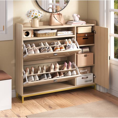 Zapatero 110x24x100 cm natural en MDF con puertas abatibles, armario lateral y cierre suave (1/5)