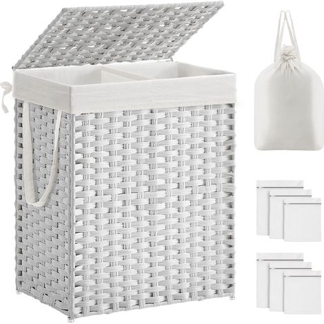 Panier à Linge Pliable avec Couvercle et 2 Compartiments, 90 L, 46 x 33 x 60 cm, Blanc (1/5)