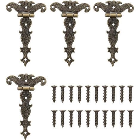 Set of 4 Antique Bronze Folding T Hinges - Decorative Retro Carved Hinges for Doors, Cabinets, Vintage Bronze Hinges Retro Hinges with Screws Decora Hinges (1/5)