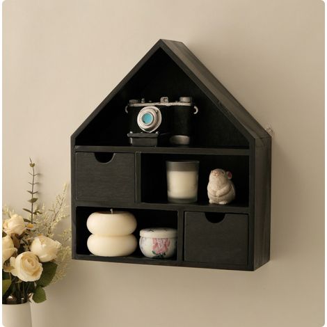 Boîte de présentation/rangement murale en matériau naturel en forme de maison, idéale pour exposer figurines, poupées et petites horloges. (1/5)