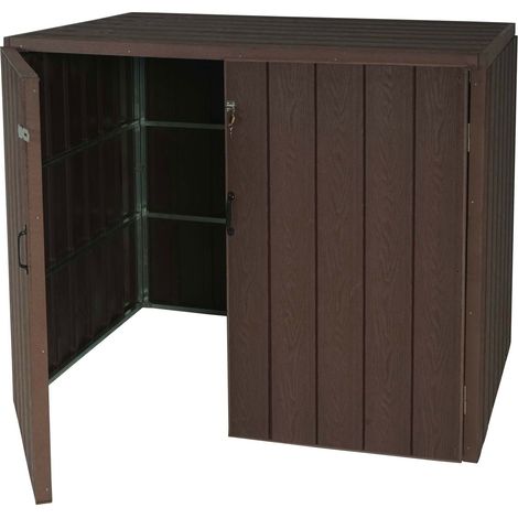 2er WPC-Mülltonnenverkleidung HHG-011, Premium Mülltonnenbox, Metall Holzoptik, erweiterbar braun