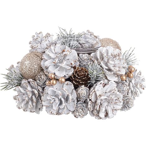 Portacandela Bianco decorativo con pigne per lumini in polistirolo per decorazioni natalizie -1 Posto (1/2)
