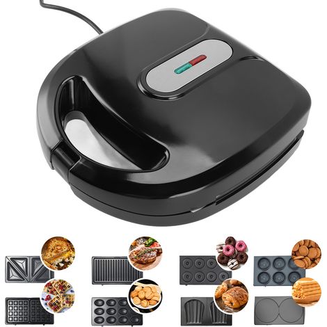 Machine multifonction 8 en 1 pour le petit déjeuner avec plaques chauffantes dual-sided non stick, contrôle automatique de température, plaques waffle, panini, donut, puissance 750W, plug US 110V, des (1/4)