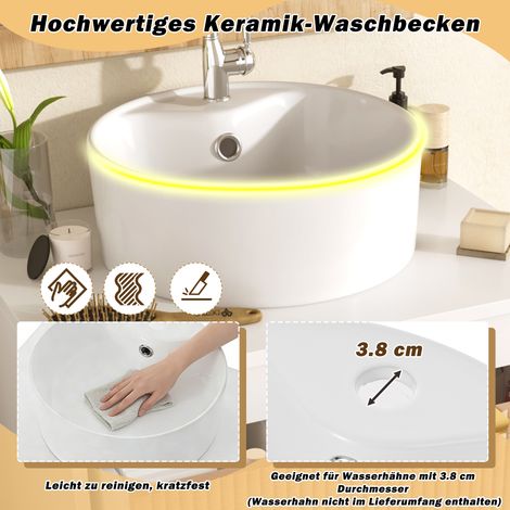 Armoire de salle de bain murale 60 cm lavabo rond céramique façades tiroirs bois rayé panneau MDF haute qualité 2 tiroirs plan de travail.