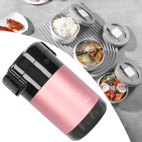 Boîte à lunch isotherme en acier inoxydable 304, à isolation sous vide multicouche, grande capacité, idéale pour le bureau et la maison, notamment pour les étudiants, couleur rose. (1/5)