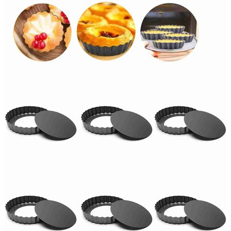 Lot de 6 moules à quiche de 7,6 cm (3 pouces) en acier au carbone de qualité alimentaire, antiadhésifs, avec fond amovible, pour la cuisson de gâteaux et cheesecakes. (1/5)