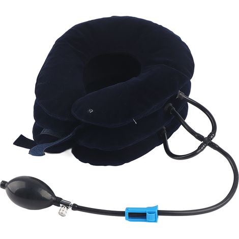 Collier cervical gonflable bleu taille moyenne, dispositif de traction cervicale respirant pour usage domestique, soutien pour étirement du cou. (1/5)