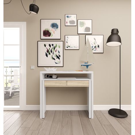 Scrivania Allungabile Con 2 Cassetti Tavolo Consolle Estensibile Studio Salvaspazio Con Ripiano Ideale Disegno Soggiorno Camera Salotto Ingresso Corridoio 99 x 88 x 36 Cm (Bianco Rovere Chiaro) - Colo (1/5)