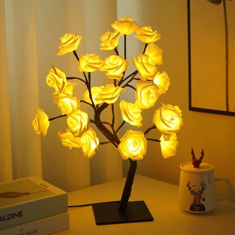Decorazione regalo per la festa della mamma con rose luminose a 24 LED, regalo per la mamma, fiori luminosi, luce notturna USB, decorazione da scrivania, rosa bianca [Classe energetica A]