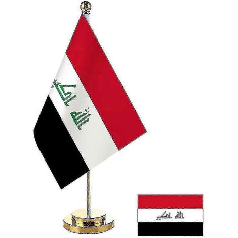 Bandiera da scrivania dell'Iraq 14x21 cm, striscione per sala riunioni, supporto da tavolo, asta, set di bandiere nazionali irachene, decorazione per sala riunioni (1/4)