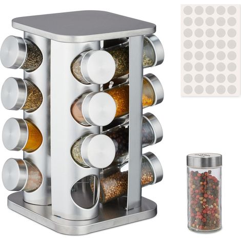 Tourniquet à épices, Acier INOX, 16 Pots en Verre, 40 étiquettes, Rotatif à 360°, 28x20x20 cm, argenté (1/5)