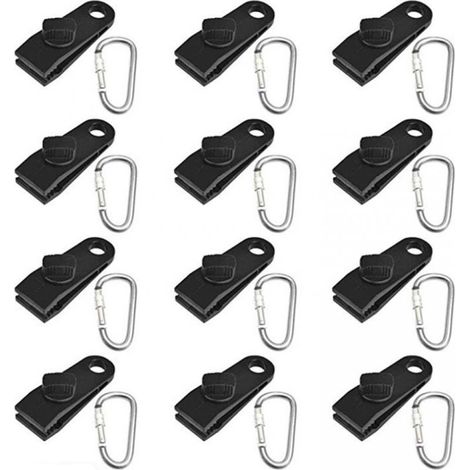 24 robuste Planenclips mit 12 Karabinerhaken und 12 Befestigungselementen zur Sicherung von Markisen, Autos, Booten und Campingausrüstung (1/4)