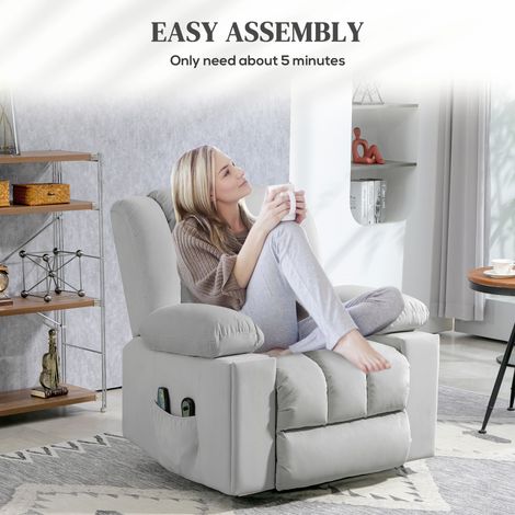 Fauteuil TV électrique releveur avec fonction massage, chaleur et inclinaison, relaxeur en velours gris clair avec porte-gobelet, rangement, ports USB et télécommande (1/5)