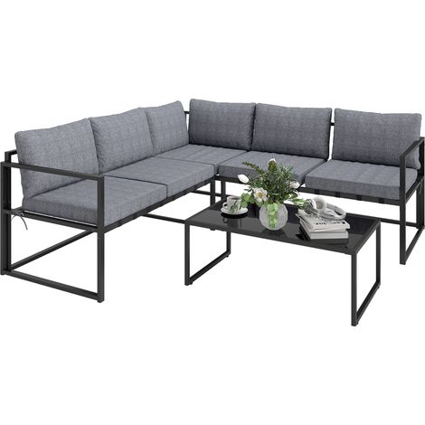 Three-Piece L Shaped Garden Furniture Set with Cushions - Grey (1/5)