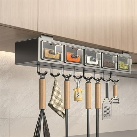 Porte-épices sous l'armoire avec 5 pots et 8 crochets – Rangement compact en acier inoxydable gris foncé, installation facile 439.58 cm (1/5)