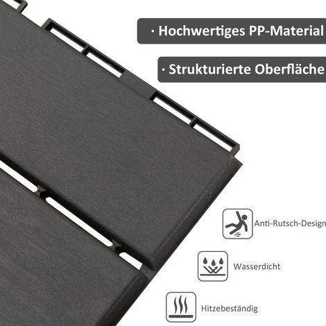 30 x 30 cm große, ineinandergreifende Terrassenfliesen, 9er-Set (0,81 m²), Balkonboden mit Klicksystem, integriertem Abfluss, schwarze Außenfliesen (1/5)
