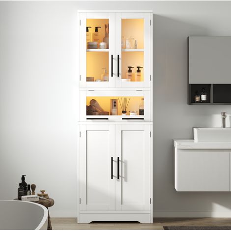Mobile colonna bagno in MDF e vetro bianco 60 cm con LED controllabile da app e ripiani regolabili (1/5)