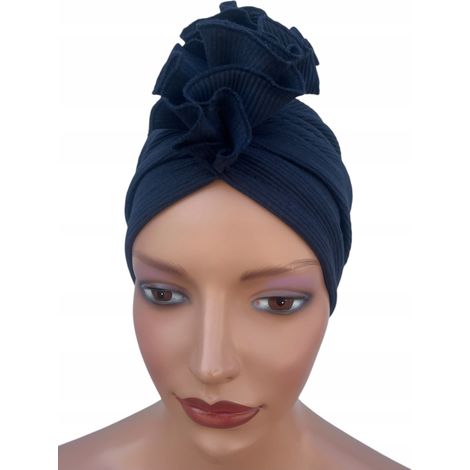 Turbante Luba para mujer, azul marino con volantes, cómodo incluso después de la quimioterapia. (1/5)