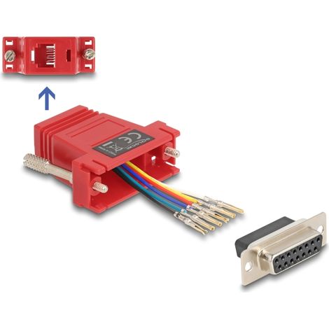 Delock D-Sub hembra de 15 pines a RJ12 hembra, kit de montaje rojo