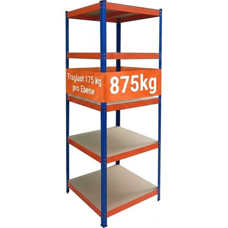 Relaxdays Schwerlastregal, HBT: 200x80x60 cm, Traglast 875 kg, 5 MDF-Ebenen, Lagerregal Keller, zum Stecken, blau-orange (1/5)