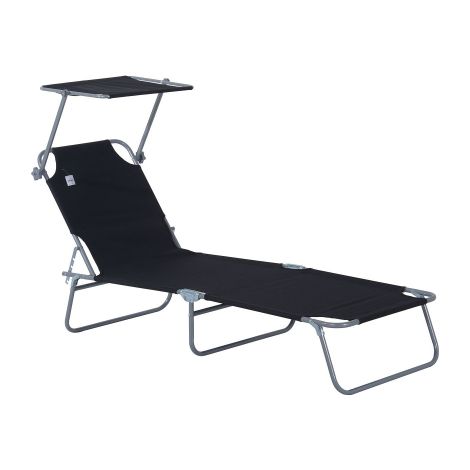 Chaise longue de jardin pliable avec pare-soleil – Noir – Idéale pour terrasses et balcons
