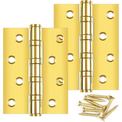 Lot de 2 charnières de porte pliables 100 x 75 x 3 mm - En acier inoxydable doré - Avec 8 trous - Avec vis et charnières pour portes massives (1/5)