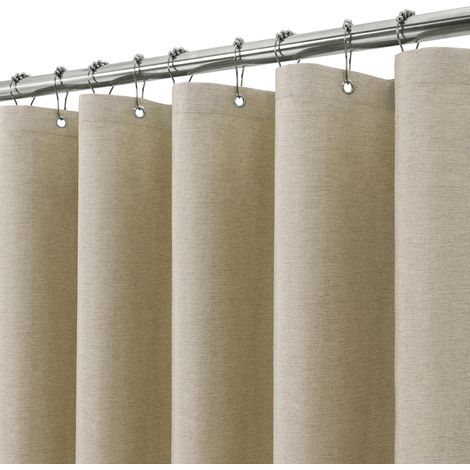 Rideau de Douche Lin avec Anneaux en Métal Imperméable Anti-Moisissures Polyester Tissu Rideau Salle de Bain Lourd pour Baignoire Cabine de Douche 152x214CM (Taupe) (1/5)