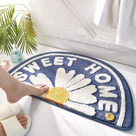 Tapis de bain antidérapant 75x45cm Bleu, moquette de douche lavable, carpette salle de bain motif marguerite, anti-glisse sol (1/5)
