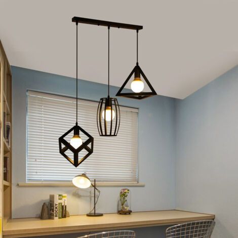 royaluxe- Lampe À Suspension Créative Lampe À Suspension Rétro Lustre Géométrique 3 Lumières Plafonnier Vintage Pour Cuisine, Ferme, Couloir Intérieur Noir (1/5)