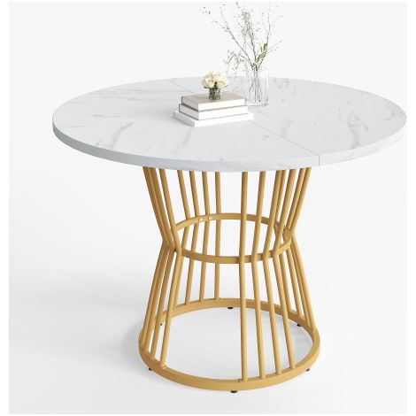 Table cuisine blanche effet marbre métal doré robuste moderne