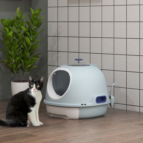 Katzentoilette mit Deckel, geschlossene Katzentoilette mit herausnehmbarer Schale, 2 Eingängen und Schaufel, 47 x 55 x 44 cm, Blau