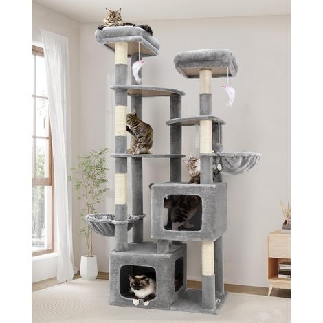 Arbre a Chat pour Gros Chats XXL 189 cm avec 2 Grande Niches 454035cm, 3 Vaste Plate-Forme 4540CM, 2 Perchoirs, 2 Panier, Énorme Arbre à Chat pour 2-6 Grand Chats (S74E, Gris Clair) (1/5)
