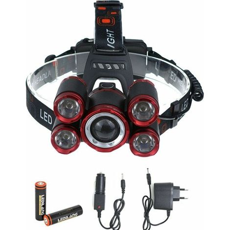 JOORRTLampe Frontale Rechargeable - 2000lm Eclairage Puissant Ultra USB Rechargeable 5 LED 4 Modes d'éclairage IPX4 2 x 18650 Pour Camping Chasse Pêche Alpinisme Randonnée [Classe énergétique A+] Bonn (1/2)