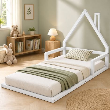 Letto per bambini in legno di pino e MDF bianco 90x200 cm, forma casetta, rete a doghe inclusa (1/5)