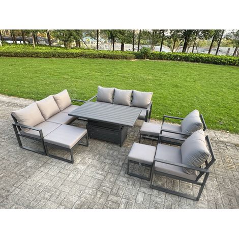 Fimous 8 Piece Garden Furniture Set 11-Seater Aluminium Outdoor Dining Set with Adjustable Rising Lifting Dining Table & Cushions 3 Footstools Dark Grey (1/5)