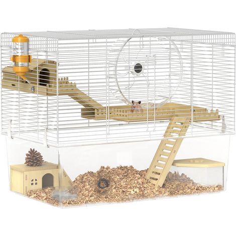 Cage à Hamster à 3 Niveaux, Cage Rongeur avec Roue d'exercice, Plateau Profond Transparent, cabanes, rampes, Bouteille d'eau, gamelle, bac à Sable, 59 x 35,5 x 47 cm, Blanc (1/5)