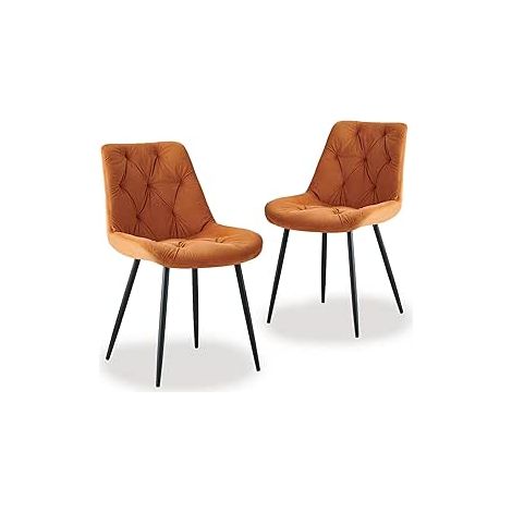 Lot de 2 chaises velours premium - Design rétro ergonomique - Dossier rembourré haute densité - Pieds métal anti-dérapants - Orange (1/5)