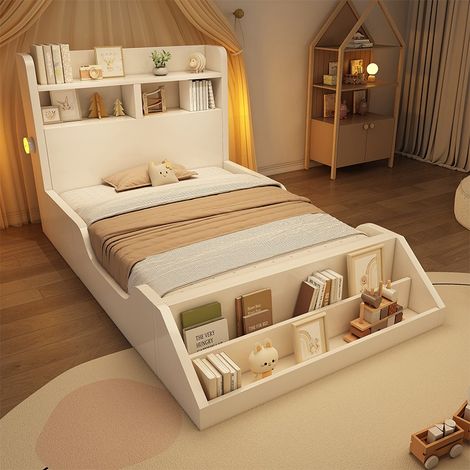 Lit en bois 90 x 200 cm, rangements intégrés, veilleuses amovibles, étagère au pied, sommier inclus, blanc pur, sans matelas (1/5)