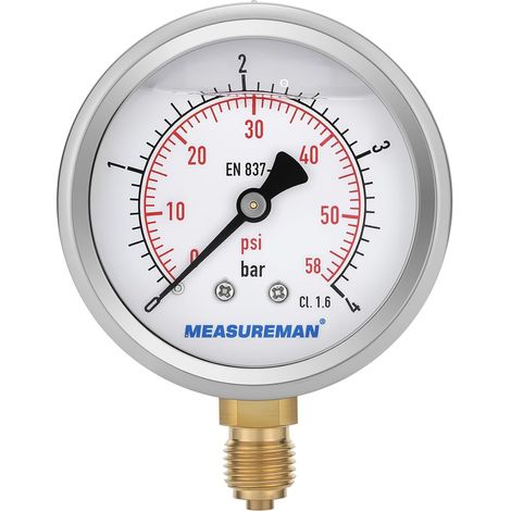 Pressure gauge, Glycerine pressure gauge, 2.5 inches, 0-4 bar, 304 stainless steel housing, 1/4" BSP bottom connection (1/5)