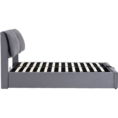Cama canapé tapizada 140 x 190 cm de terciopelo gris con somier de lamas y cabecero, HOMVRA (1/5)