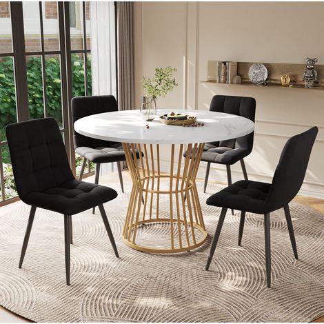 MEUBLIV Ensemble table à manger ronde 100 cm avec 4 chaises velours noir, blanc et doré (1/5)