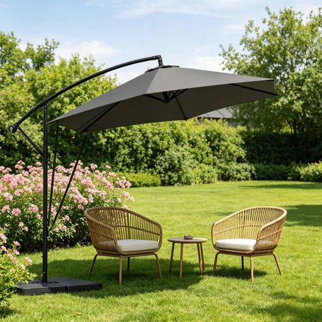 Sombrilla de jardín excéntrica de metal gris oscuro, inclinable con manivela, tejido UV, con base de cruz y funda