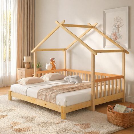 Letto a casetta per bambini 90x200 cm in legno naturale, estraibile, senza materasso- FLORAGRACE (1/5)