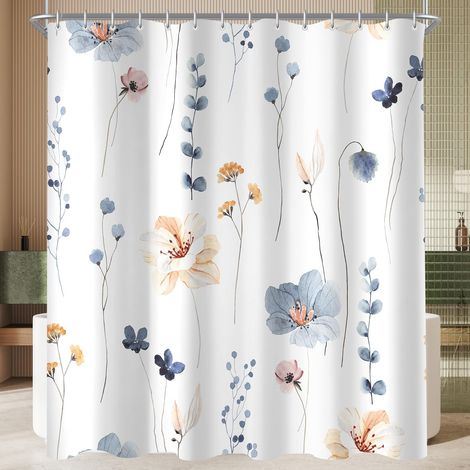 1 Rideau De Douche 120x200 Cm, Motif Fleur Bleue, Polyester Imperméable, Anti-moisissure, Avec 8 Anneaux, Pour Salle De Bain
