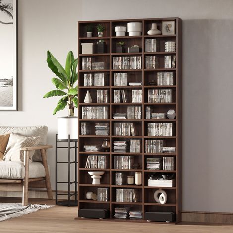 CD-Schrank mit verstellbaren Einlegeböden, platzsparender CD-/DVD-Halter aus Holz, 1116 CDs/528 DVDs, CD-Schrank mit 36 Fächern, für Wohnzimmer, Schlafzimmer, Büro, 102 x 23,5 x 195 cm, Braun