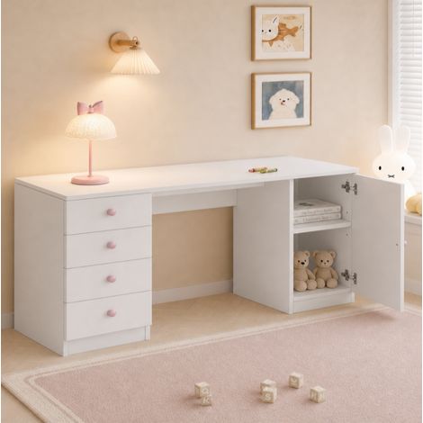 Escritorio infantil con 4 cajones y armario, 155 x 45 x 75 cm, blanco, OKMYHOME (1/5)
