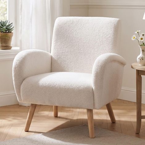 Wahson Armchair Upholstered in Faux Fur Modern Occasional Wingback Lounge Chair with Wooden Legs for Bedroom Living Room, White (1/5)