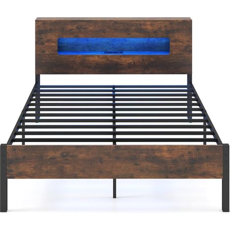 Cama industrial con plataforma, luces LED y cabecero con espacio de almacenaje, 200 x 140 cm